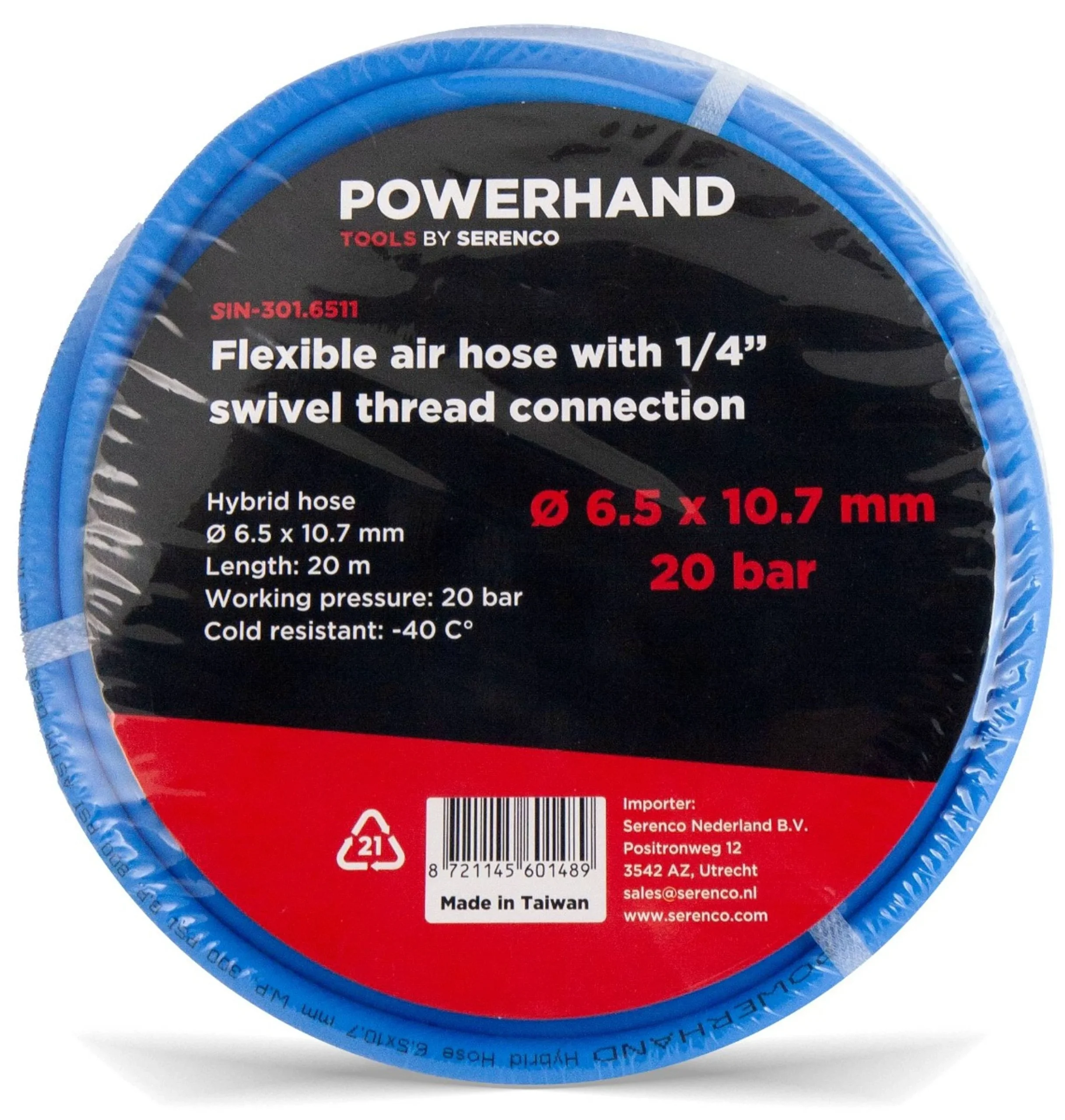 POWERHAND Manguera de Aire Flexible 6,5 x 10,7 mm + Conexión de Rosca 1/4" - 20 metros