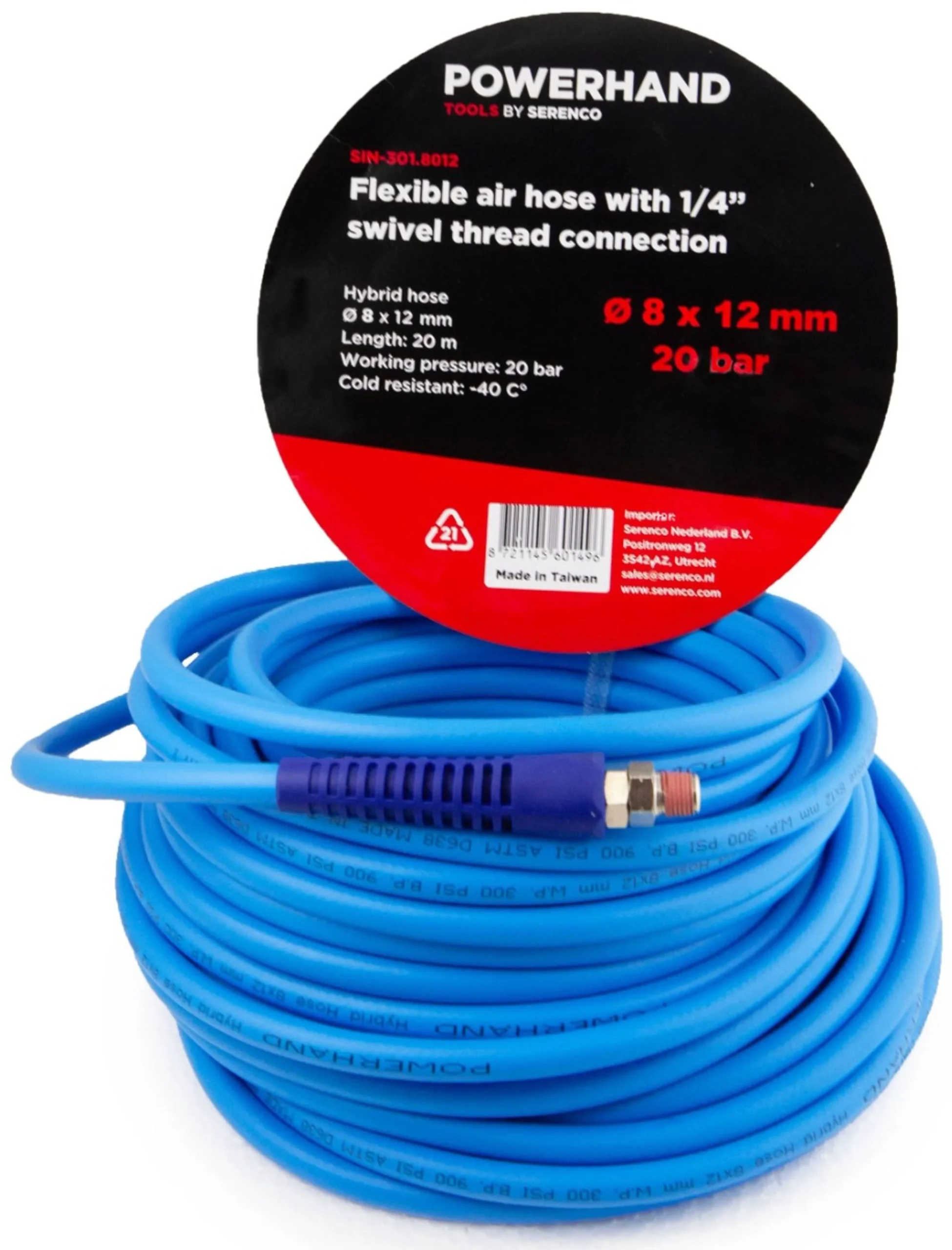 POWERHAND Manguera de Aire flexible 8 x 12 mm + conexión roscada de 1/4" - 20 metros