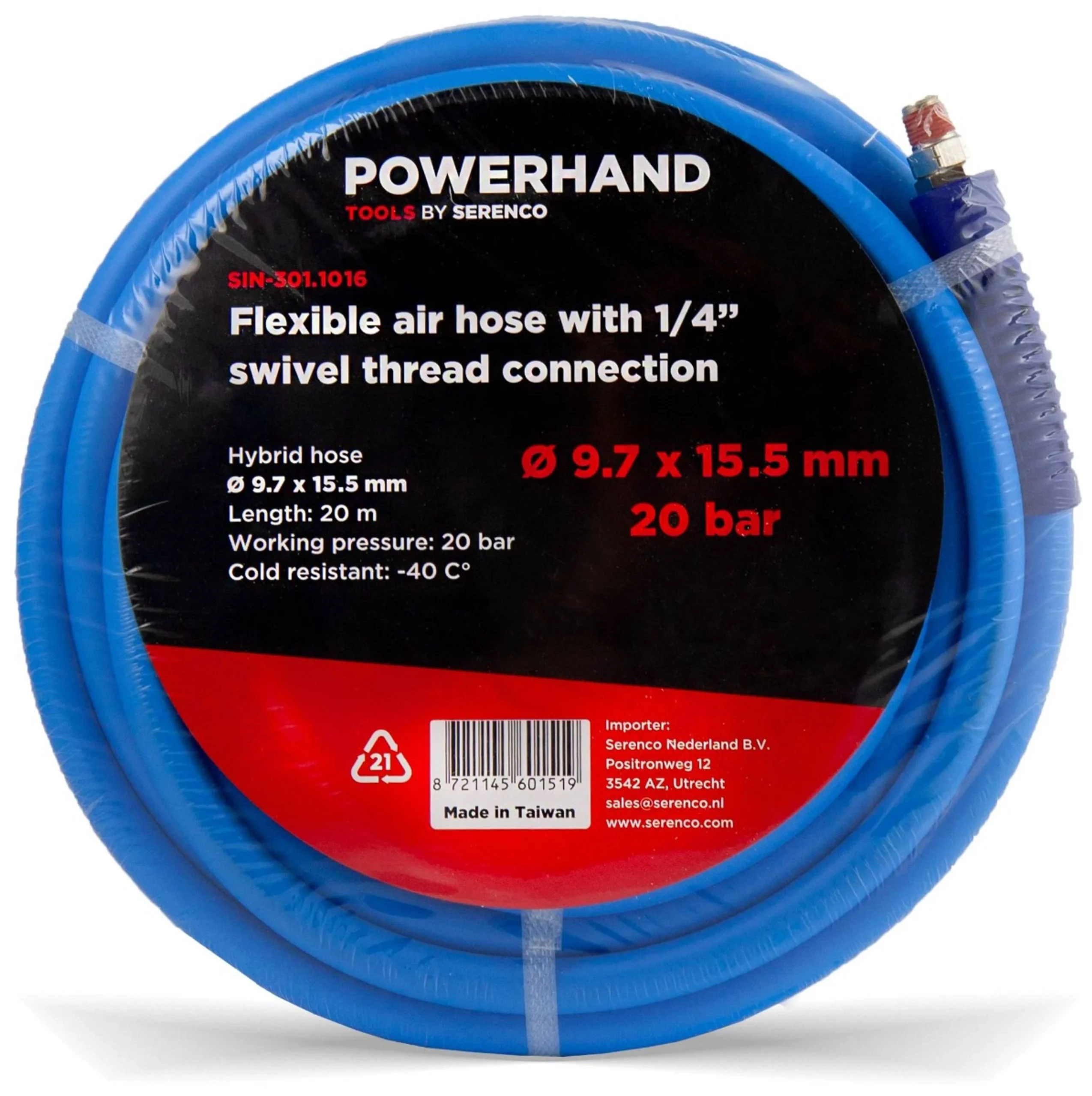 POWERHAND Manguera de Aire Flexible 9,7 x 15,5 mm + conexión roscada de 1/4" - 20 metros